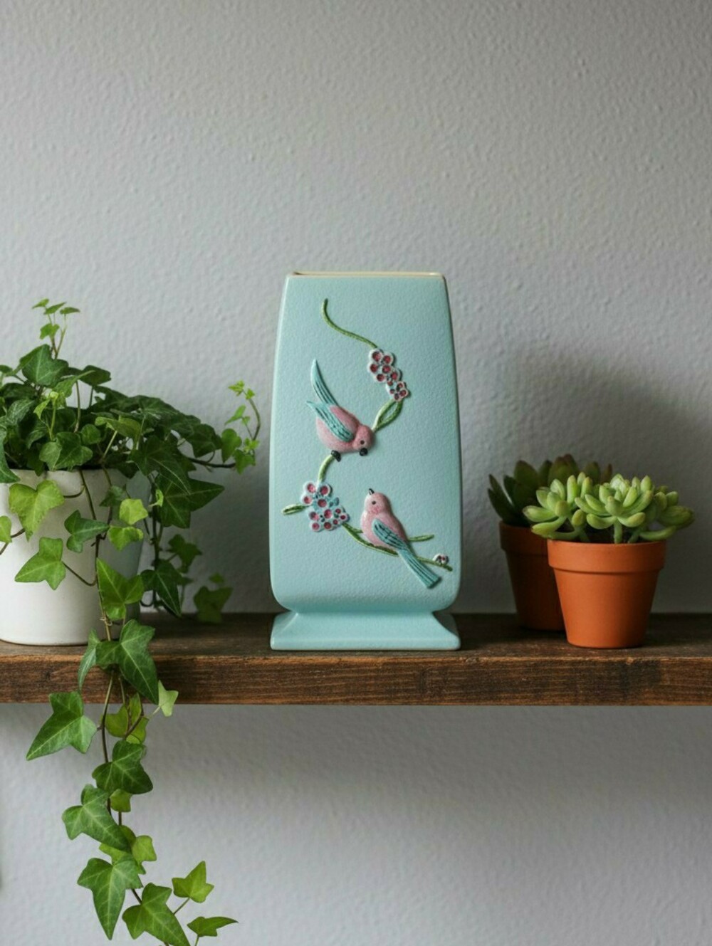 Vintage Hull Pottery Serenade Pattern Rectagular Chickadee Vase in Turquoise